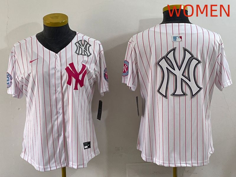 Women 2025 New York Yankees Blank White Stripe Joint Name Nike MLB Jersey style 28->women mlb jersey->Women Jersey